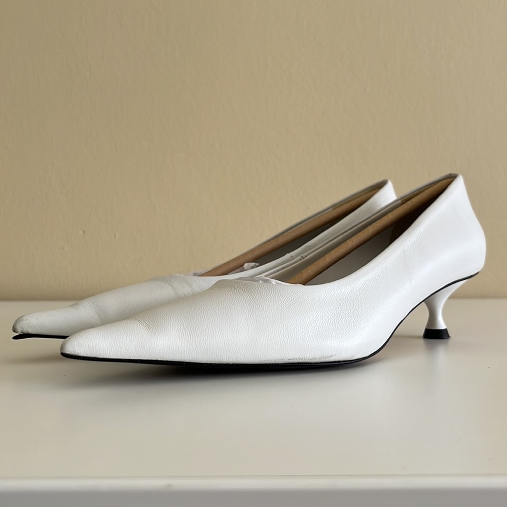 White Leather Court Shoes Kitten Low Heel Pump